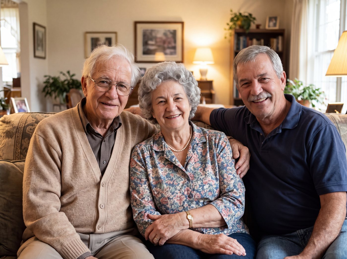 A new family portrait of three people together on a living room sofa