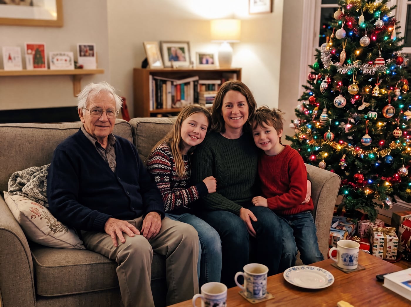 Family Christmas photo with grandpa added on the sofa beside them